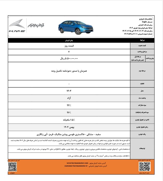 پیش فروش کرمان موتور