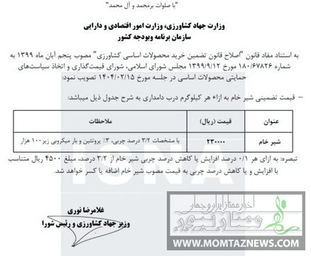 قیمت شیرخام 1404