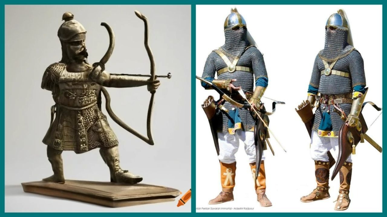 کمانها در دوره ساسانی همچنان نقش مهمی ایفا میکردند و بر اساس سنت تیراندازی دورههای هخامنشی و اشکانی طراحی شده بودند. کمانهای ساسانی دارای دستهای عقبنشسته، اجزای کاری نسبتاً کوتاه و خمیده (بازوها)، زانوهای زاویهدار و گوشهای بلند و سخت بودند. در این طراحی، بازوی بالایی کمان از بازوی پایینی بلندتر بود.