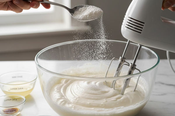 Adding-powdered-sugar-and-cream-of-tartar-to-beaten-egg-whites-to-make-meringue