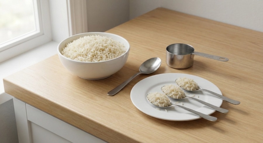 نمای نزدیک از قاشق و کاسه برنج پخته برای نمایش بصری کنترل مقدار مصرف روزانه