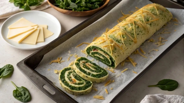 رولت اسفناج و پنیر خانگی؛ غذایی سبک با طعمی عالی