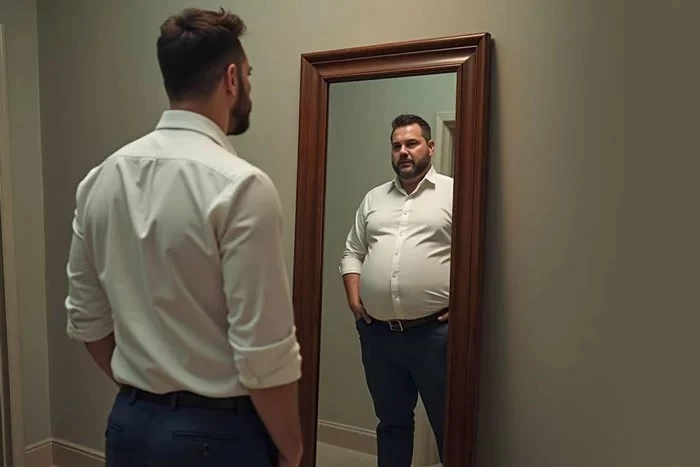 فردی با اندام متناسب که خود را در آینه چاق و شکم دار میبیند.